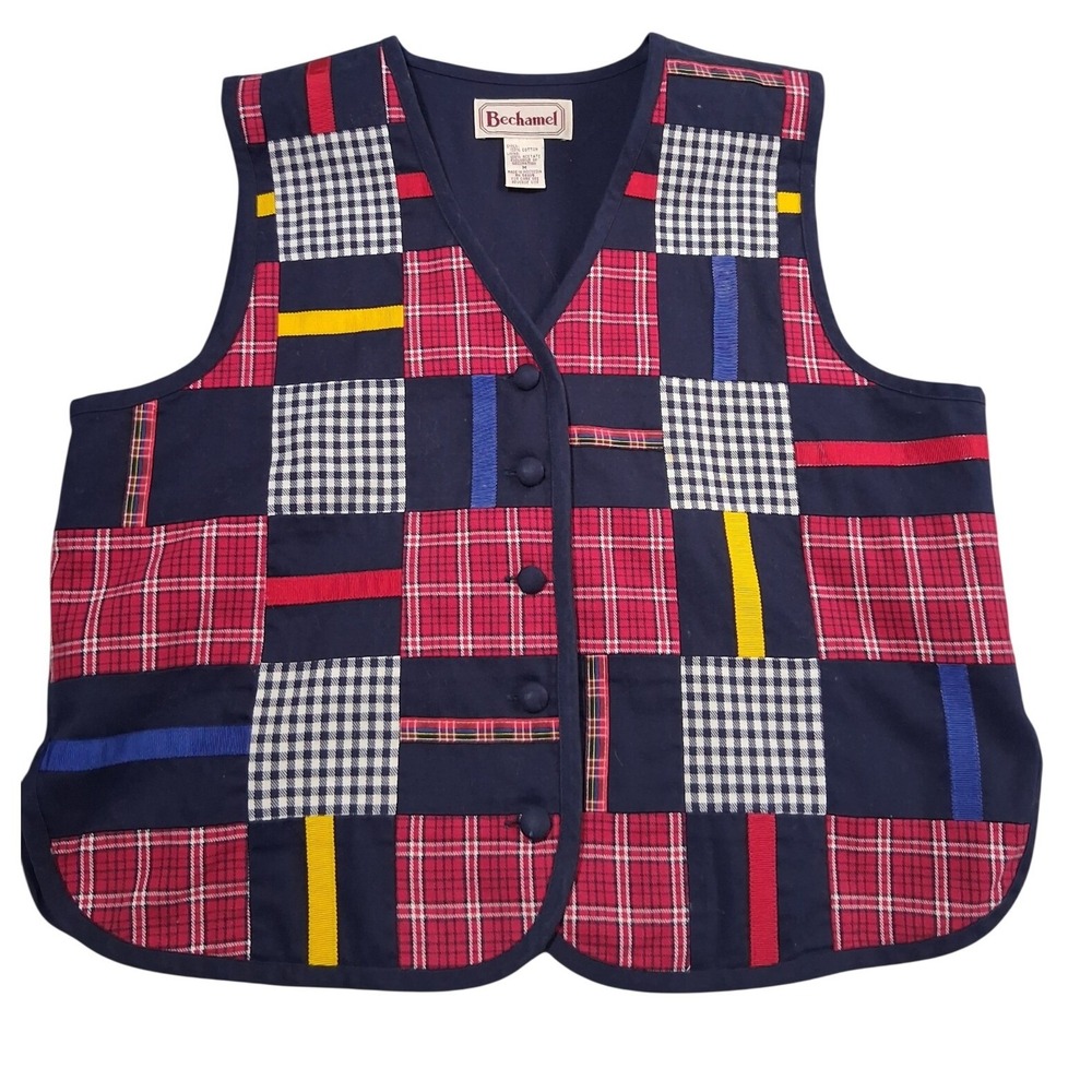 Vintage Bechamel Patchwork Classic Womens size Medium Plaid Colorful 90's Vest